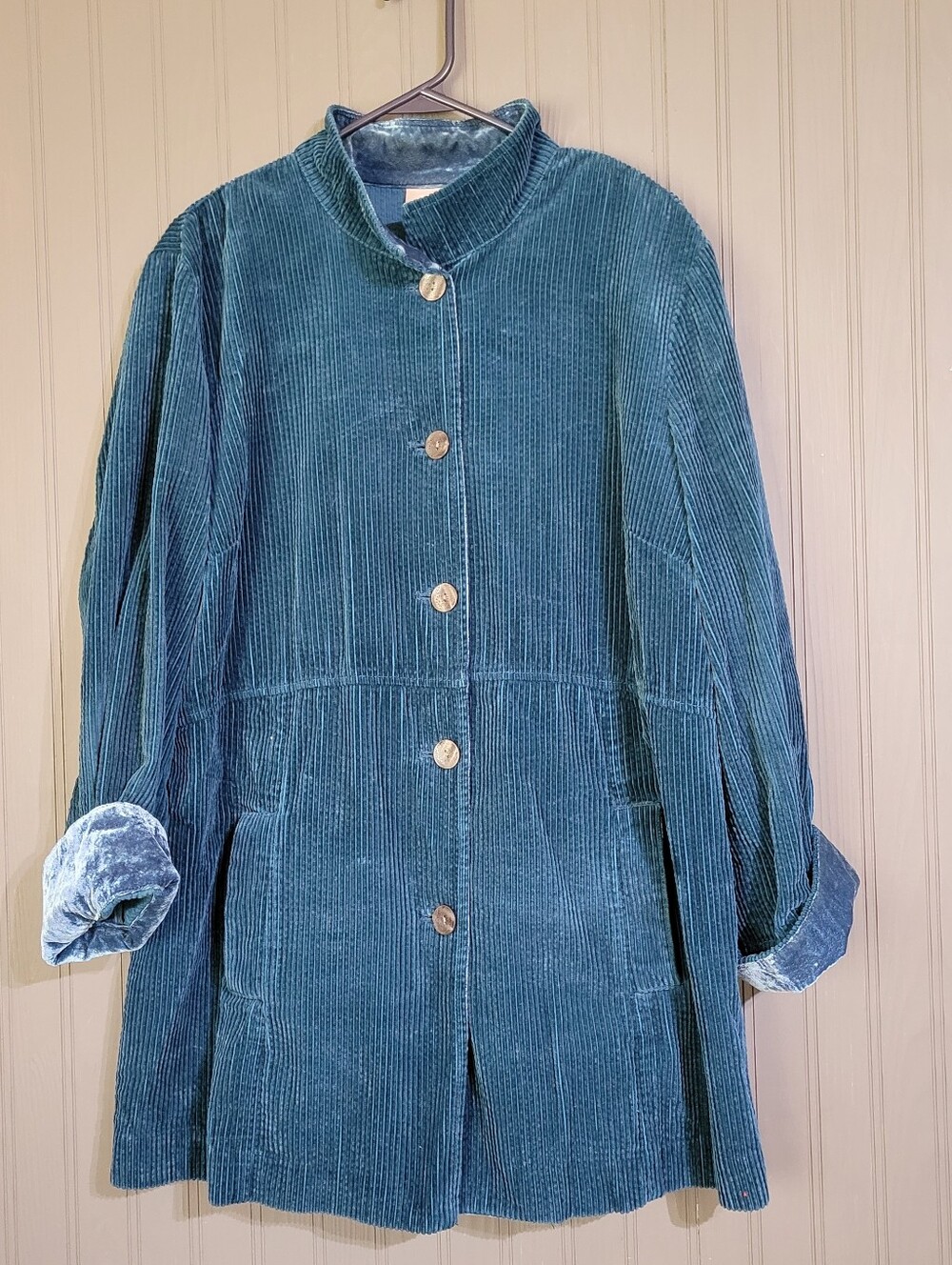 J. Jill Corduroy Button Front Jacket Velvet Trim Cuffs Cotton Teal Women's XL